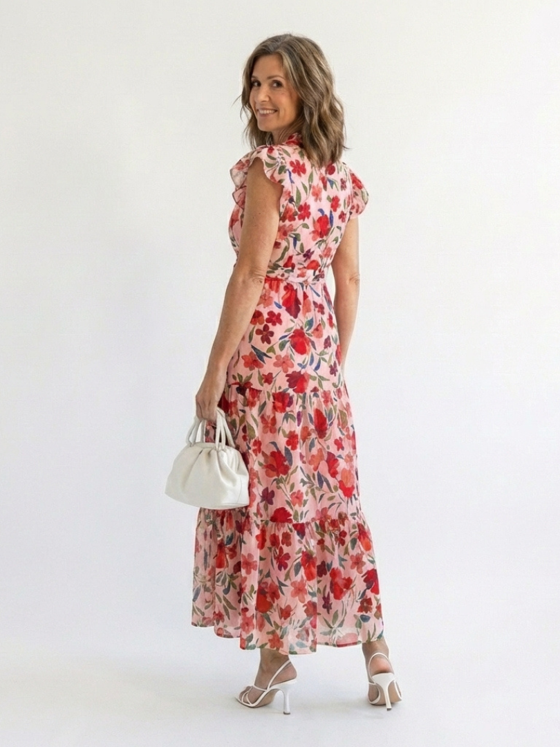 Women's Floral V-Neck Midi Dress with Tiered Silhouette for Daytime