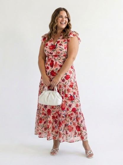Women's Floral V-Neck Midi Dress with Tiered Silhouette for Daytime