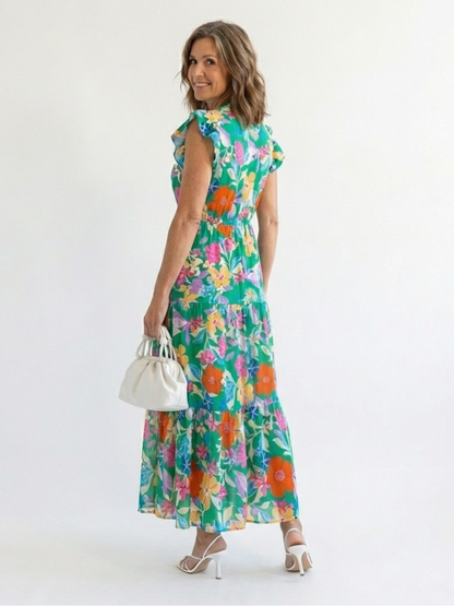 Women's Floral V-Neck Midi Dress with Tiered Silhouette for Daytime