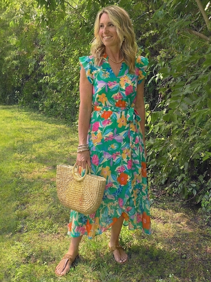 Women's Floral V-Neck Midi Dress with Tiered Silhouette for Daytime