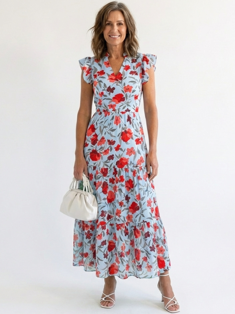 Women's Floral V-Neck Midi Dress with Tiered Silhouette for Daytime