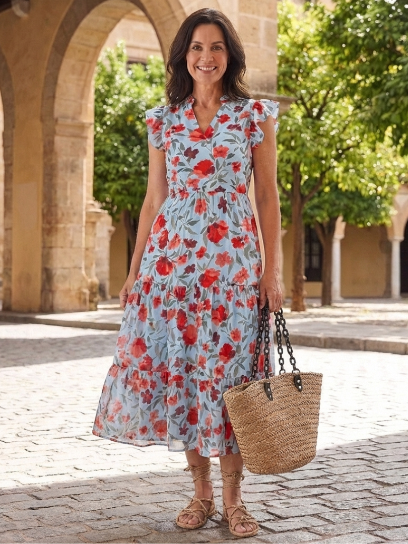 Women's Floral V-Neck Midi Dress with Tiered Silhouette for Daytime