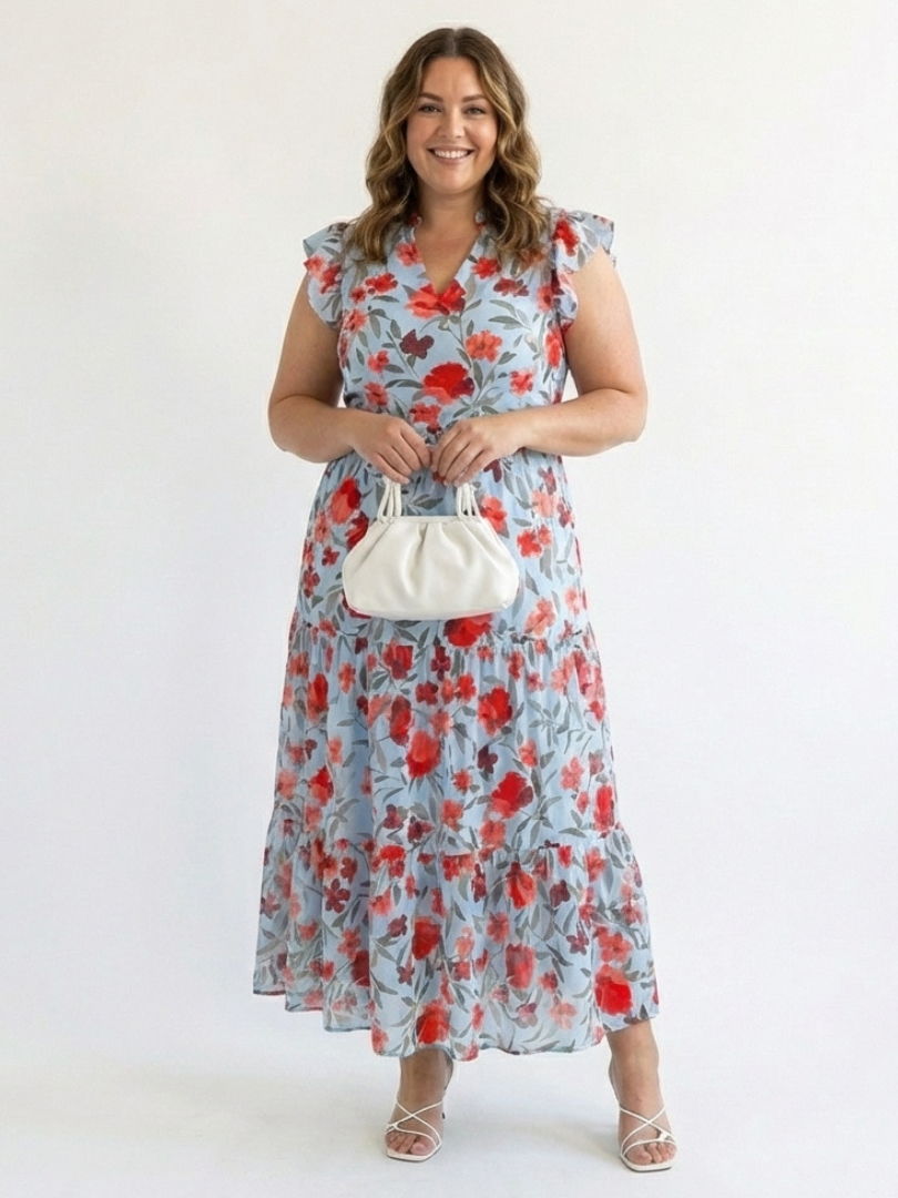Women's Floral V-Neck Midi Dress with Tiered Silhouette for Daytime