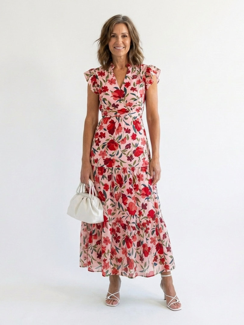 Women's Floral V-Neck Midi Dress with Tiered Silhouette for Daytime