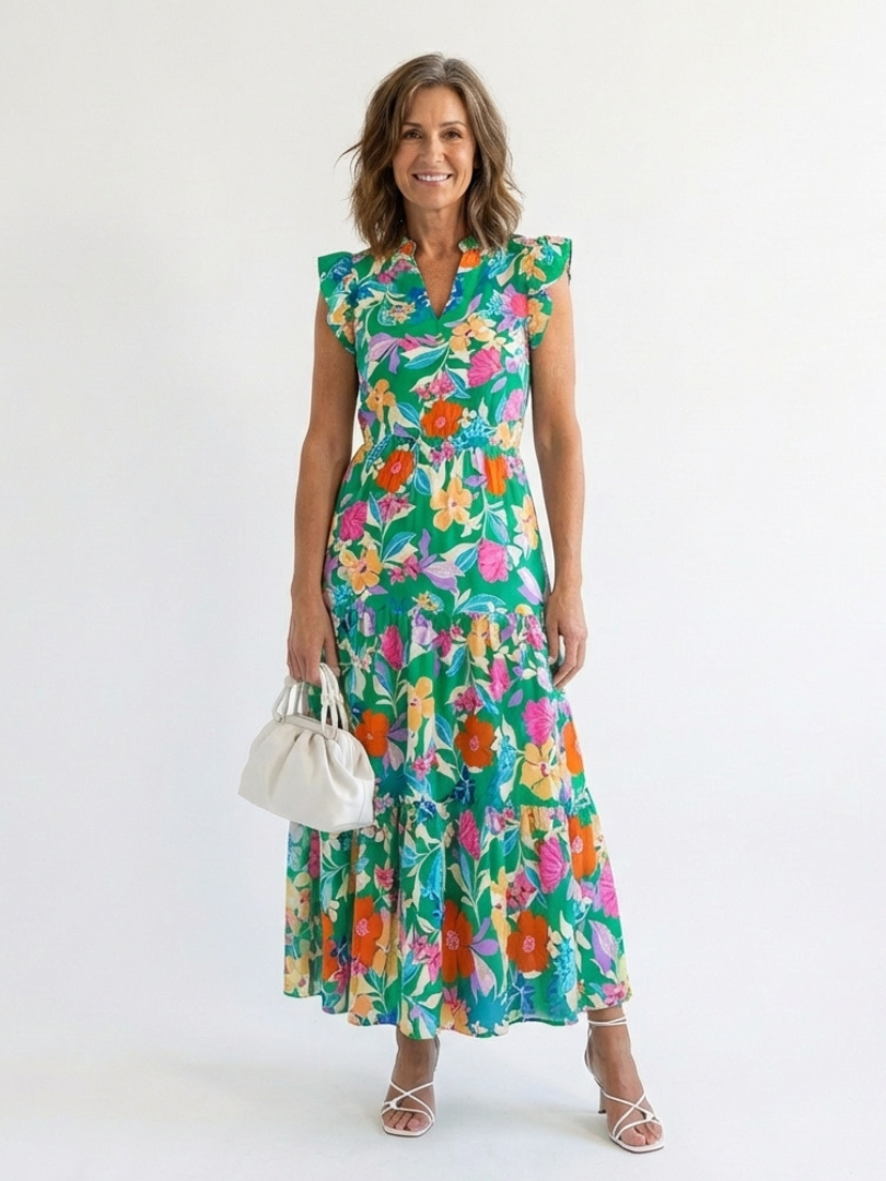 Women's Floral V-Neck Midi Dress with Tiered Silhouette for Daytime