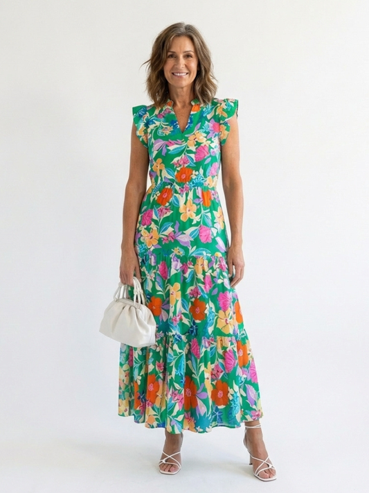 Women's Floral V-Neck Midi Dress with Tiered Silhouette for Daytime