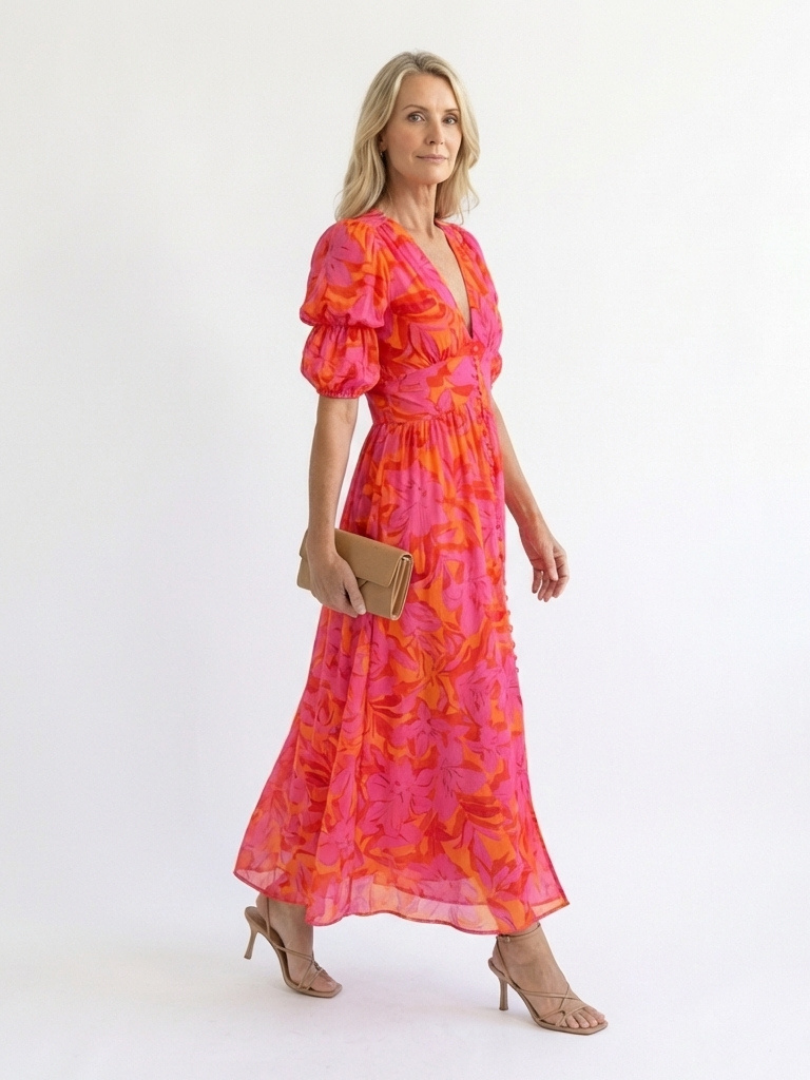 Women's Floral V-Neck Puff Sleeve Midi Dress for Summer