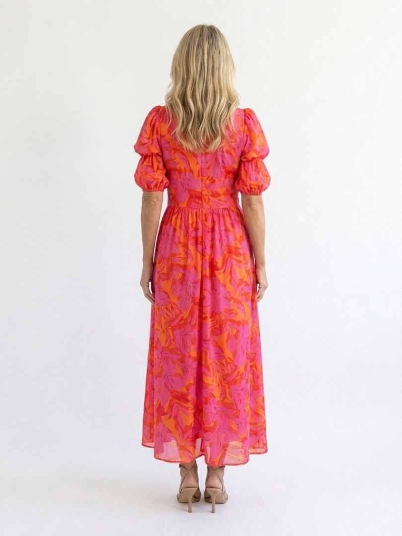 Women's Floral V-Neck Puff Sleeve Midi Dress for Summer