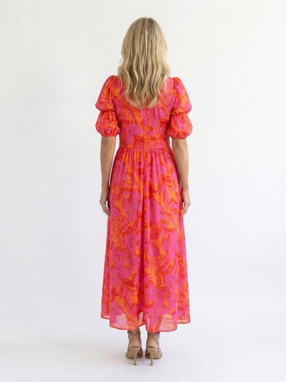 Women's Floral V-Neck Puff Sleeve Midi Dress for Summer
