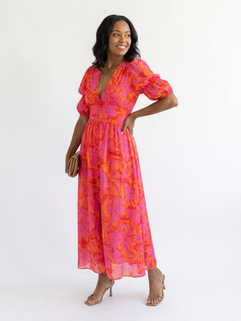 Women's Floral V-Neck Puff Sleeve Midi Dress for Summer