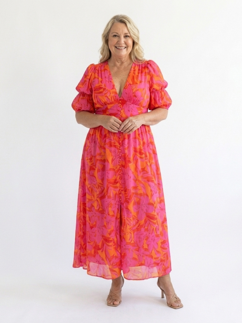 Women's Floral V-Neck Puff Sleeve Midi Dress for Summer