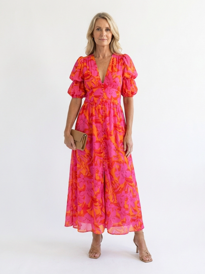 Women's Floral V-Neck Puff Sleeve Midi Dress for Summer