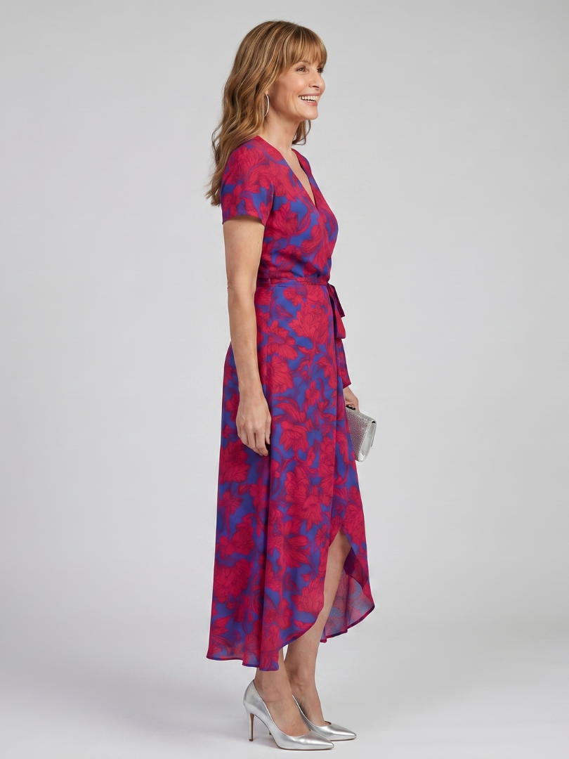 Women's Floral Wrap Midi Dress with Tie for Garden Parties