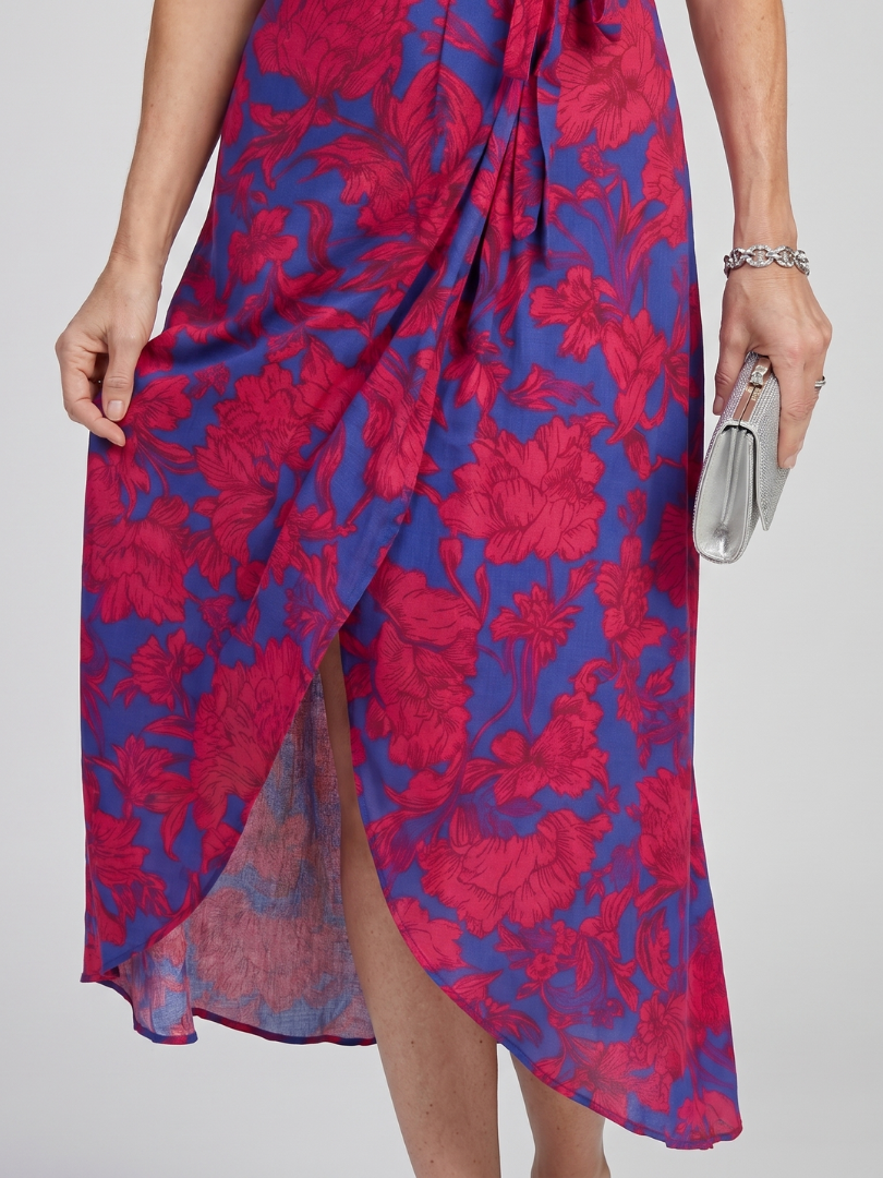 Women's Floral Wrap Midi Dress with Tie for Garden Parties