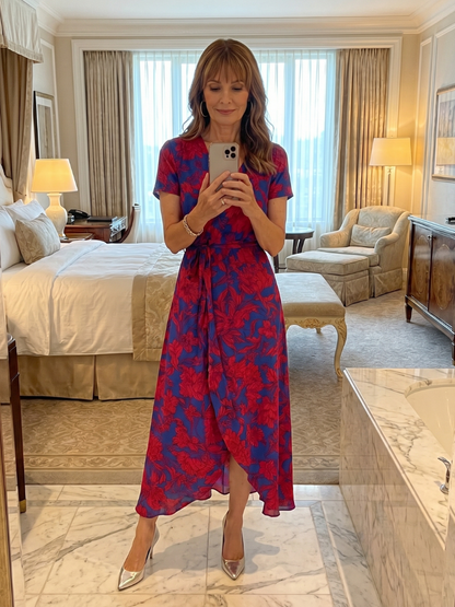 Women's Floral Wrap Midi Dress with Tie for Garden Parties
