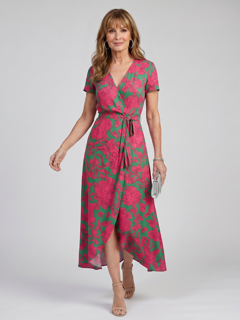 Women's Floral Wrap Midi Dress with Tie for Garden Parties