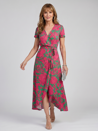 Women's Floral Wrap Midi Dress with Tie for Garden Parties