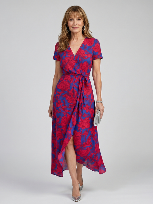 Women's Floral Wrap Midi Dress with Tie for Garden Parties