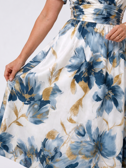Women's Floral Wrap Midi Dress with V-Neck for Garden Party