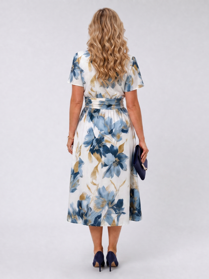 Women's Floral Wrap Midi Dress with V-Neck for Garden Party