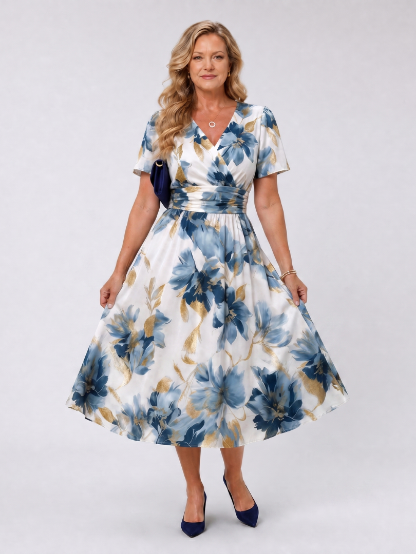 Women's Floral Wrap Midi Dress with V-Neck for Garden Party