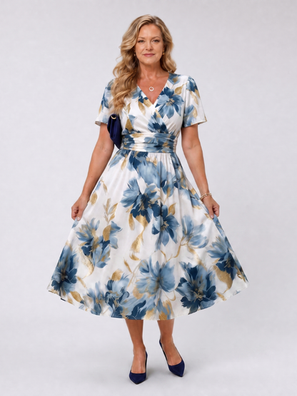 Women's Floral Wrap Midi Dress with V-Neck for Garden Party
