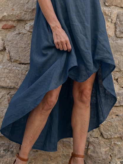 Women's Flowing High-Low Midi Dress with Clean Neckline for Summer