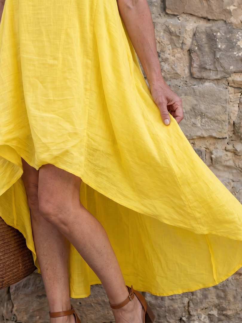 Women's Flowing High-Low Midi Dress with Clean Neckline for Summer