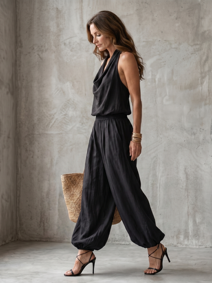 Women's Fluid Two-Piece Set with Drape Neck Top for Evening