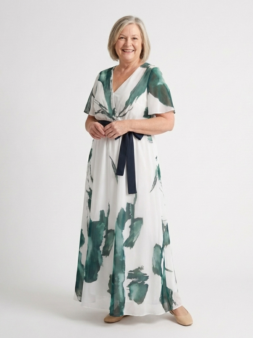 Women's Flutter Sleeve Maxi Dress with Waist Belt for Events
