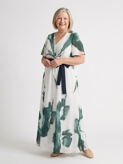 Women's Flutter Sleeve Maxi Dress with Waist Belt for Events
