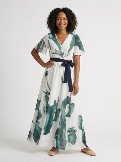 Women's Flutter Sleeve Maxi Dress with Waist Belt for Events