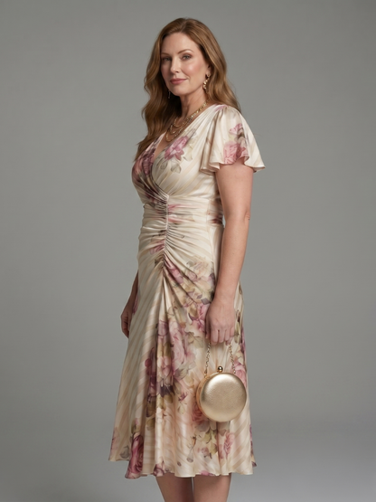 Women's Flutter Sleeve Midi Dress with Ruched Waist for Day-to-Evening Wear