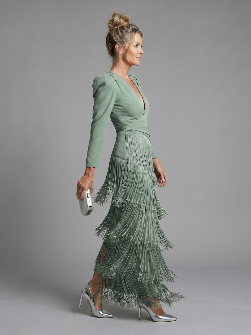 Women's Fringe Midi Dress with Tiered Fringe for Events
