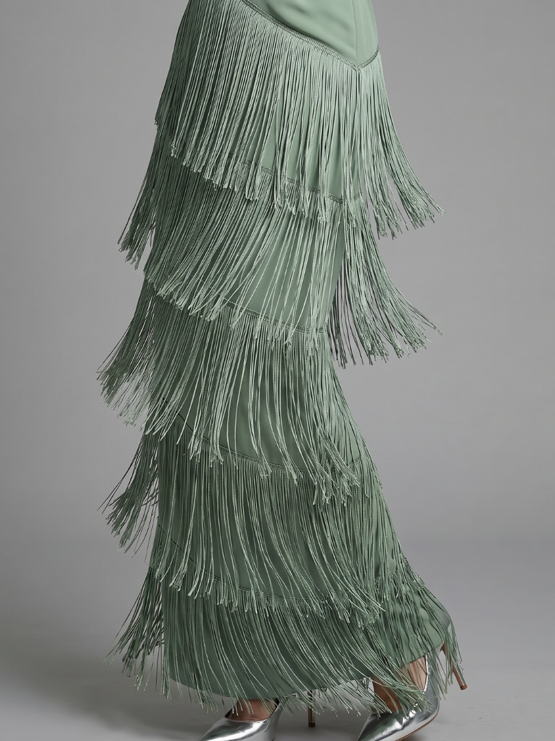 Women's Fringe Midi Dress with Tiered Fringe for Events