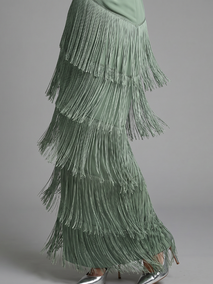 Women's Fringe Midi Dress with Tiered Fringe for Events