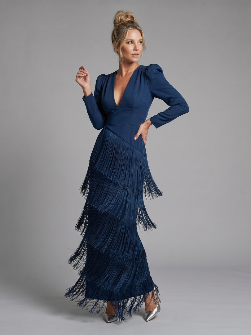 Women's Fringe Midi Dress with Tiered Fringe for Events