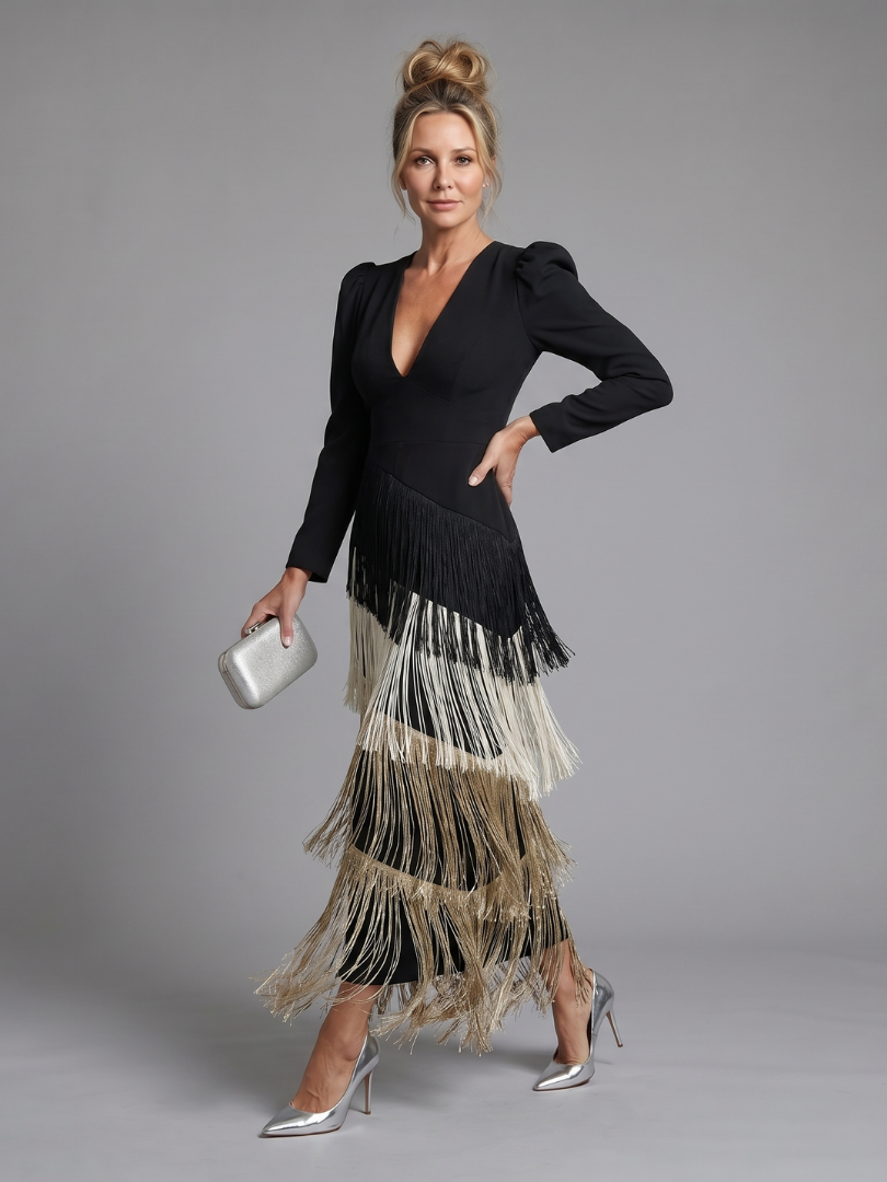 Women's Fringe Midi Dress with Tiered Fringe for Events