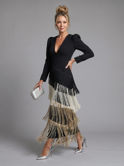 Women's Fringe Midi Dress with Tiered Fringe for Events