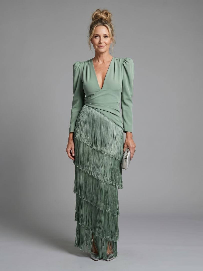 Women's Fringe Midi Dress with Tiered Fringe for Events