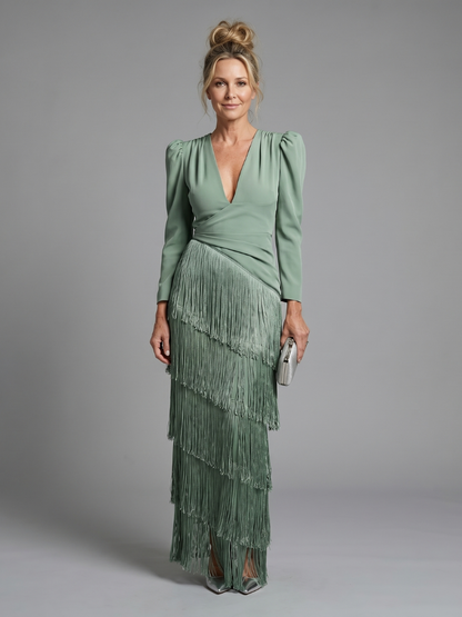 Women's Fringe Midi Dress with Tiered Fringe for Events