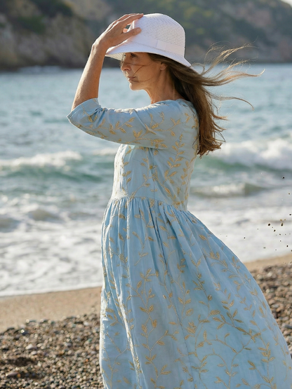 Women's Garden Midi Dress with Embroidered Pattern for Seaside