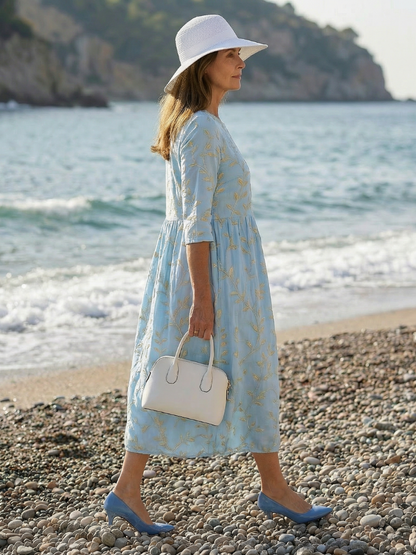 Women's Garden Midi Dress with Embroidered Pattern for Seaside