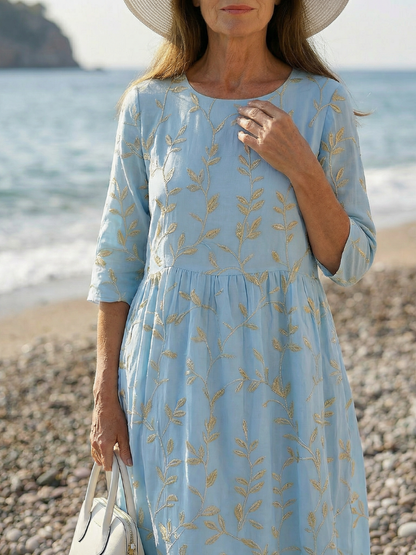 Women's Garden Midi Dress with Embroidered Pattern for Seaside