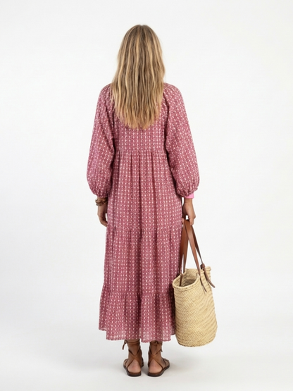 Women's Geometric Midi Dress with Tie Detail for Everyday