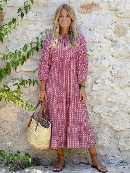 Women's Geometric Midi Dress with Tie Detail for Everyday