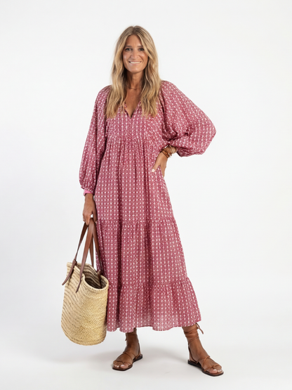 Women's Geometric Midi Dress with Tie Detail for Everyday