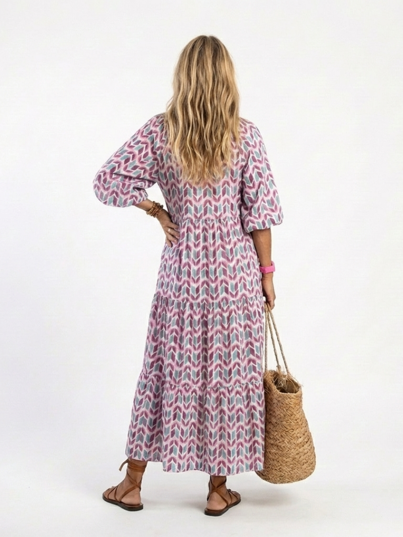Women's Geometric Midi Dress with Tiered Silhouette for Everyday Wear