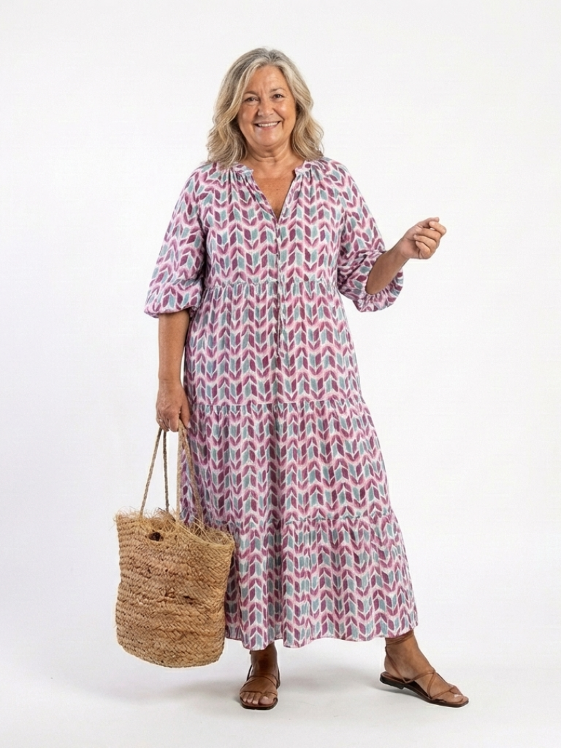 Women's Geometric Midi Dress with Tiered Silhouette for Everyday Wear