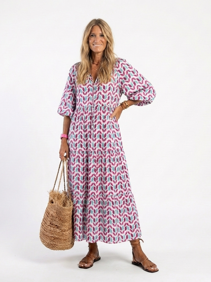 Women's Geometric Midi Dress with Tiered Silhouette for Everyday Wear
